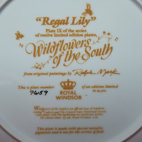 VTG Decorative Plate Royal Windsor Regal Lily Wildflowers of the South Gold Trim - Picture 4 of 12